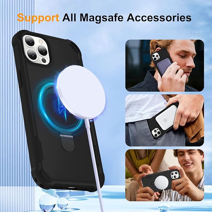 Compatible with iPhone 12 Case & iPhone 12 Pro Case with Invisible Magnetic Ring Stand [Compatible with Magnetic] [Military Drop Protection] Shockproof Hard Back Soft Edge 6.1 Inch, Black