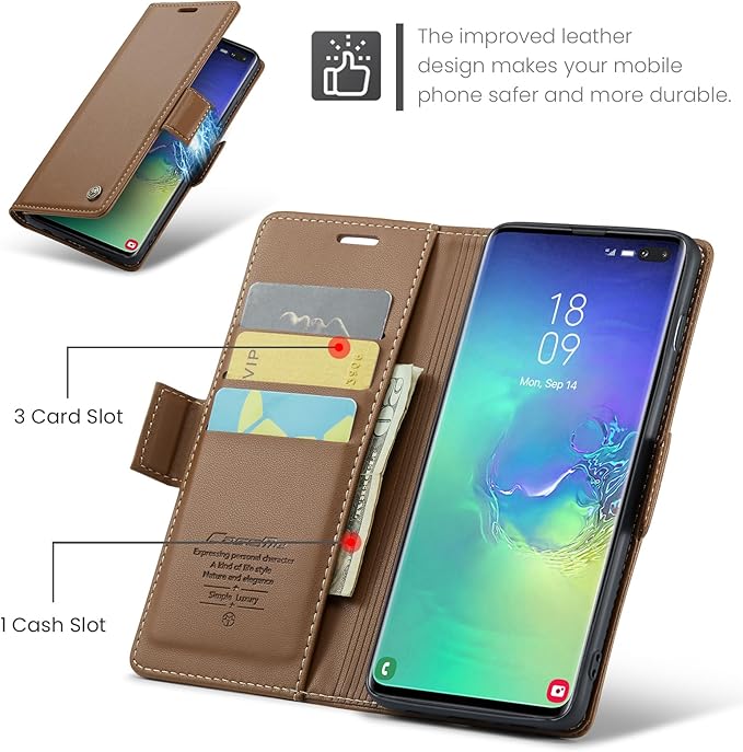 Case for Samsung Galaxy S10 Plus Wallet Case, RFID Blocking PU Leather Flip Folio Cover Card Holder Kickstand Shockproof Phone Case Compatible with Samsung Galaxy S10 Plus, Brown