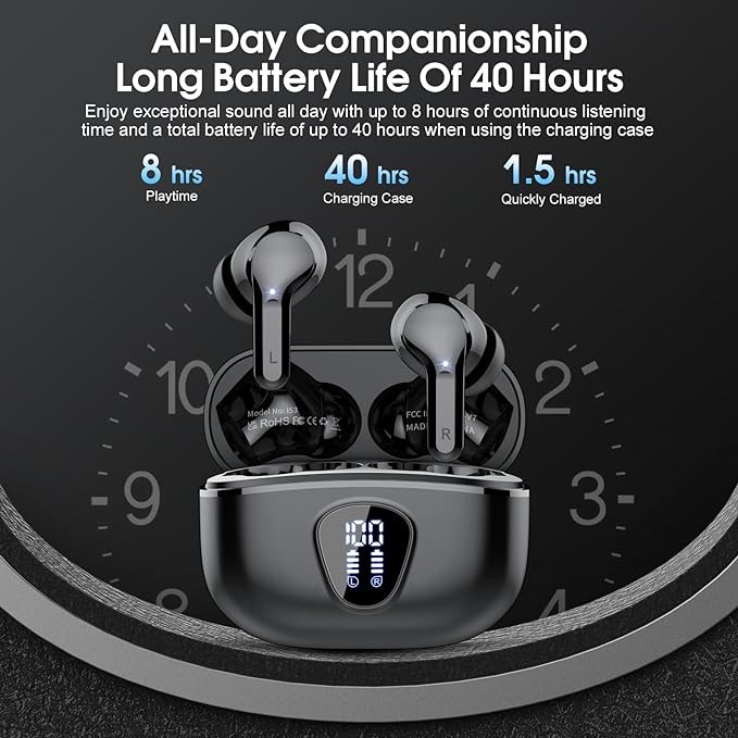 Wireless Earbuds, Bluetooth 5.4 Headphones HiFi Stereo, Bluetooth Earbuds with ENC Noise Cancelling Mic, IP7 Waterproof in Ear Earphones, 48H, LED Display Ear Buds for Pad Workout Sports, Black