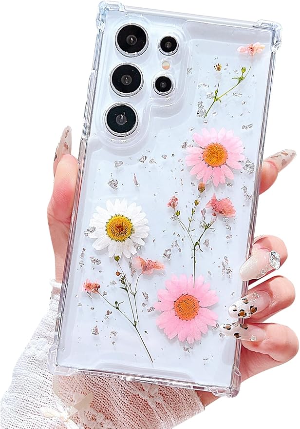 Compatible with Samsung Galaxy S24 Ultra Case Cute Pressed Dried Real Flowers Design Women Girly Shockproof Glitter Floral Clear Phone Cover for Galaxy S24 Ultra (Pink Flower)