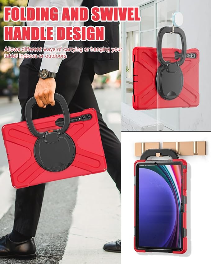 BRAECN Case for Samsung Galaxy Tab S10+/S9 FE+/S9+ 12.4” 2024 SM-X820/X610/X810, Shockproof Silicone Case with Screen Protector/S Pen Holder/Shoulder Strap/Kickstand for Galaxy Tab S8+/S7 FE/S7+,Red