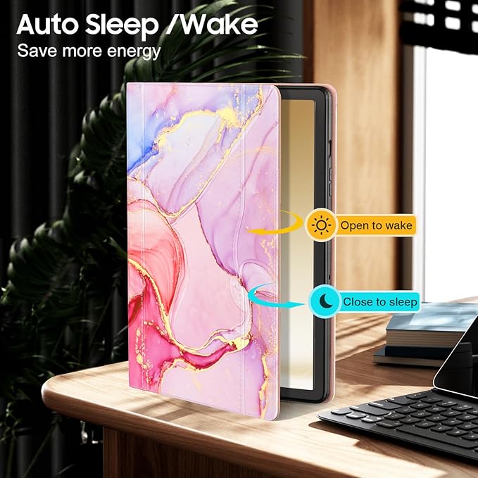 OKP Case for Samsug Galaxy Tab A9+ Plus 11 inch 2024(SM-X210/X216/X218), PU Leather Folio Cover with Multi-Angle Stand//Pen Holder, Auto Wake/Sleep Case for Galaxy A9+ 11" Tablet (Marble Pink)