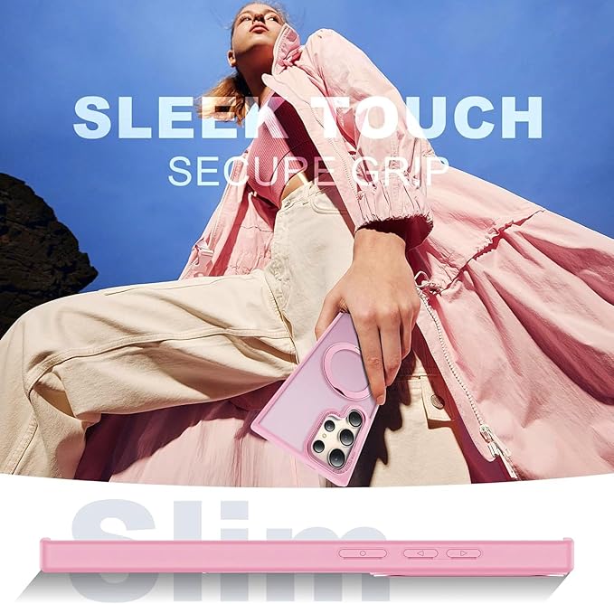 Compatible with Samsung Galaxy S24 Ultra Case with 360Rotatable Magnetic Ring Stand Compatible with Mag-Safe Military Protection Matte Translucent Phone Cases for S24 Ultra 6.8",Pink