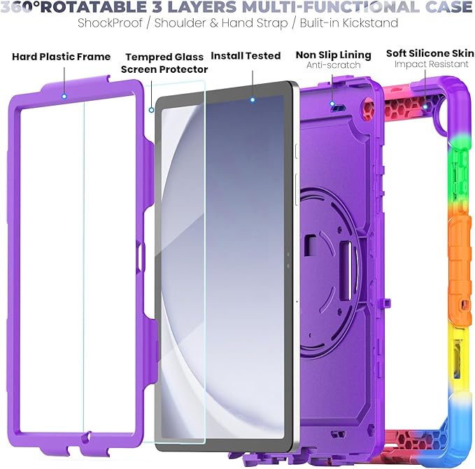 BLOSOMEET Purple Case for Samsung Galaxy Tab A9 Plus 2023 with Tempered Glass Screen Protector Pencil Holder Hand Strap&Stand,Kids Cover for Galaxy Tablet A9 Plus with Shoulder Strap