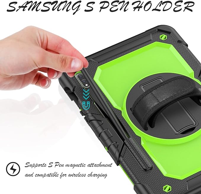 Case for Samsung Galaxy Tab S8/S7 11-inch 5G Tablet Case 2022/2020 [with Tempered Glass Screen Protector], 360° Rotating Kickstand/Hand & Shoulder Strap/S Pen Holder (Green)