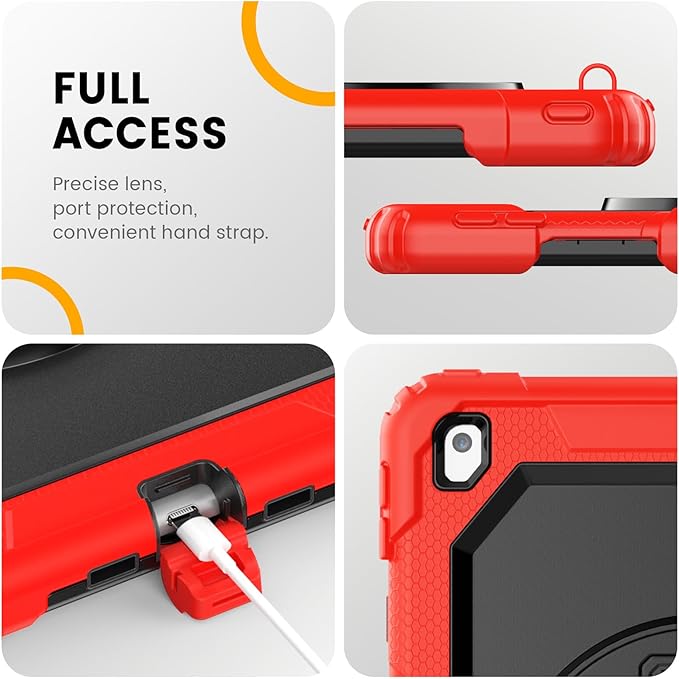 Timecity Case for iPad 9th/ 8th/ 7th Generation 10.2 inch - Heavy Duty Protective Cover with Screen Protector, Rotating Stand, Shoulder Strap & Pencil Holder | Kids-Friendly (Red)