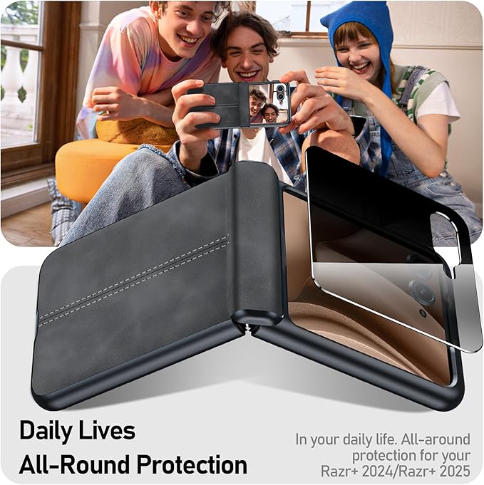 for Motorola Razr+ Plus 2025 Case/Razr+ Plus 2024 Case, Built-in Privacy Screen Protector & Hinge Protection & Ultra Thin Leather PC Shockproof Phone Case for Moto Razr+ 2025/Razr+ 2024 (Black)