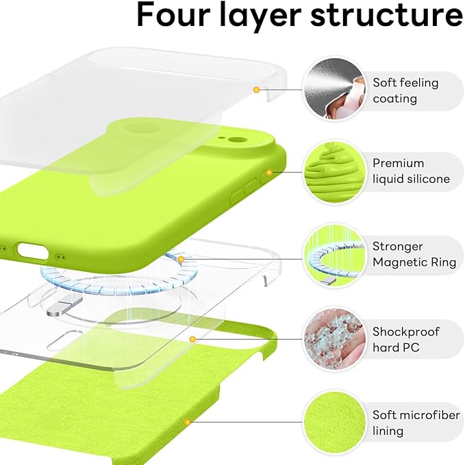 Vooii Magnetic Compatible with iPhone Air Case (Compatible with Magsafe) (Upgraded Camera Protection) Liquid Silicone Shockproof Full Body Protective Phone Cover for Women Men, Fluorescent Green, 6.5"