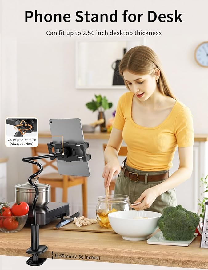 Gooseneck Tablet Holder Stand for Bed Adjustable Flexible Long Arm Tablets Mount Clamp on Table Compatible with iPad Air Mini | Galaxy Tabs | Kindle Fire | Switch or Other 4.7-12.9" Devices