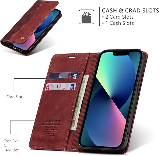 QLTYPRI Case for iPhone 14, Vintage PU Leather Wallet Case Card Slot Kickstand Magnetic Closure Shockproof Flip Folio Book Case Cover for iPhone 14(6.1 inch) - Retro Wine Red