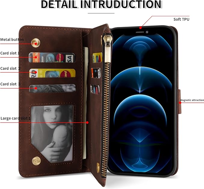 ZZXX for iPhone 12 Pro Max Wallet Case with Card Slot Premium Soft PU Leather Zipper Flip Folio Wallet with Wrist Strap Kickstand Protective for iPhone 12 Pro Max Case Wallet(Coffee 6.7 inch)