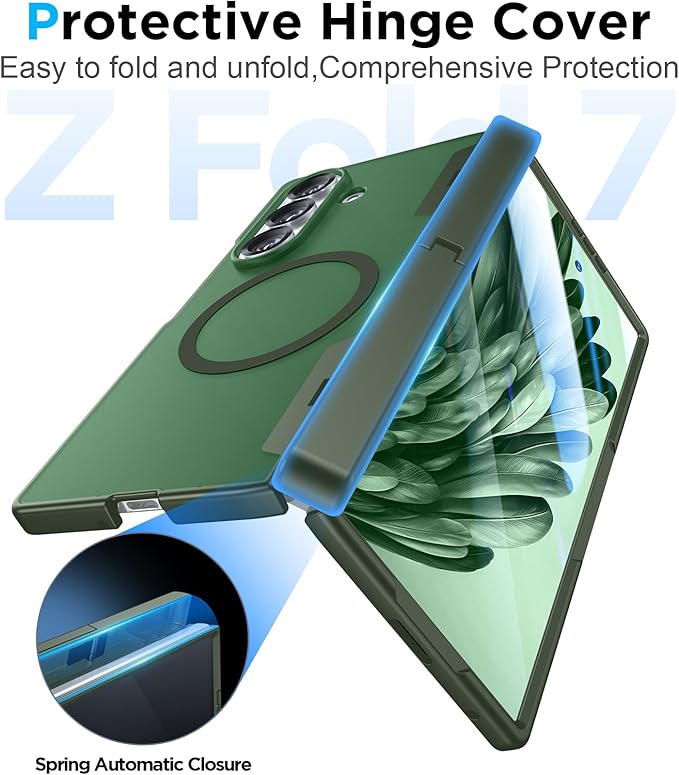 Temdan Magnetic for Samsung Galaxy Z Fold 7 Case,[Compatible with MagSafe][Built-in HD Screen Protector&Invisible Kickstand][Hinge Protection]Translucent Matte Shockproof Phone Case for Z Fold 7,Green