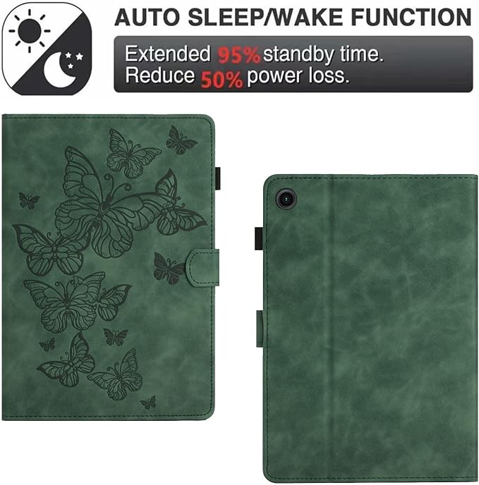 KEROM Case for Samsung Galaxy Tab A9+ Plus 11 Inch 2024 2023 (SM-X210/X216/X218), Embossed Suede Leather Folio Stand Cover with Auto Wake/Sleep & Card Slot & Pen Holder - Green Butterfly Embossing