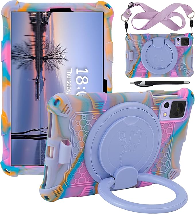 Tablet Case for ALLDOCUBE iPlay 50 Mini/60 Mini/DOOGEE T20 Mini/TCL/Samsung Galaxy Tab A 8.4 inch Soft Anti-Stress Silicone Case with Rotate Stand/Pencil Holder/Shoulder Strap/Pen (Colorful Purple)