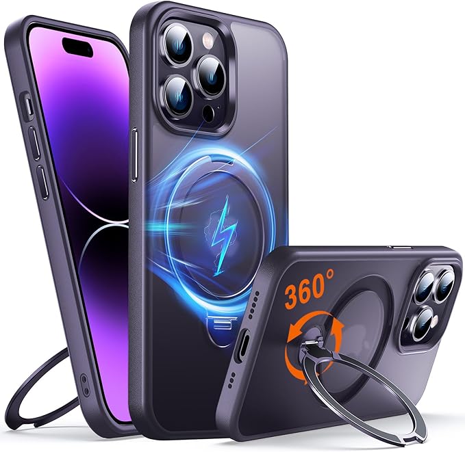 360° O-Ring MagStander for iPhone 14 Pro Case with Magnetic Kickstand Ring Holder [Compatible with MagSafe][360°Rotate Stand Ring][Military Shockproof] iPhone 14 Pro Phone Cover Matte Purple