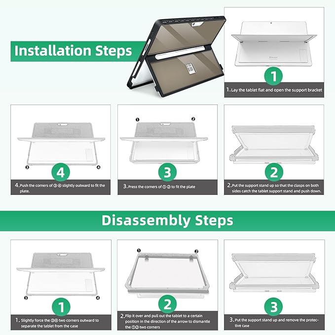 Case Updated Version fit Microsoft Surface Pro 11/10/9/8 13-Inch, All-in-one Rugged Case Compatible with Type Cover Keyboards, Transparent Black
