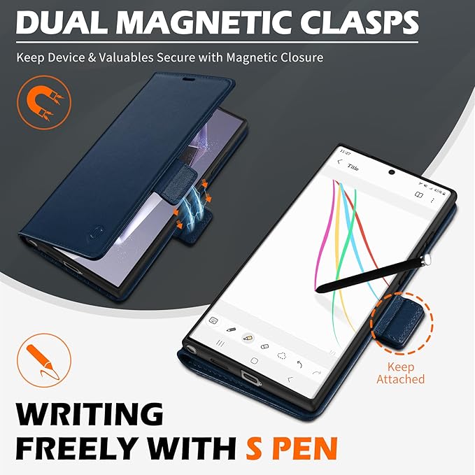 SHIELDON Case for Galaxy S25 Ultra 6.9", Genuine Leather Flip Wallet Case Kickstand RFID Blocking Credit Card Holder Magnetic Shockproof Cover Compatible with Galaxy S25 Ultra 2025 - Nappa Navy Blue