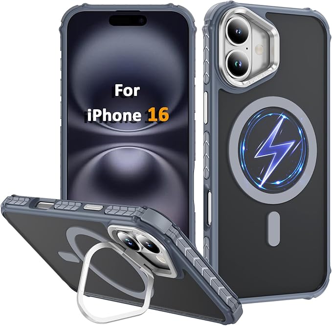 Magnetic for iPhone 16 Case Gray with MagSafe Wireless Charging Heavy Duty Military-Grade Shockproof Protection Adjustable Kickstand Slim Matte Anti-Fingerprint Cover Men Women
