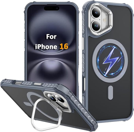 Magnetic for iPhone 16 Case Gray with MagSafe Wireless Charging Heavy Duty Military-Grade Shockproof Protection Adjustable Kickstand Slim Matte Anti-Fingerprint Cover Men Women