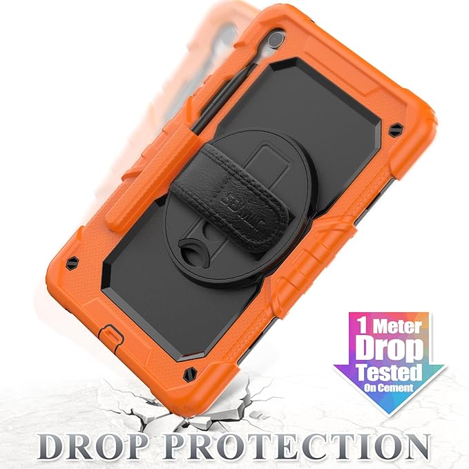 SEYMAC stock Case for Samsung Galaxy Tab S10 Lite / S10 FE / S9 FE 5G / S9 Tablet Case 10.9''/ 11'' Protective with Screen Protector, Pen Holder, 360 Rotate Stand, Hand Strap, Shoulder Strap, Orange