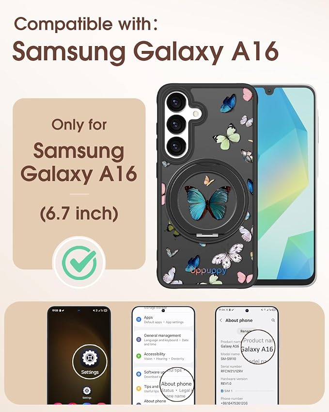 for Samsung Galaxy A16 4G/5G Case with 360° Rotatable Magnetic Ring - Semi-Transparent Anti-Fingerprint Soft-Touch Material Shockproof, Cute Butterfly Design for Women Girl