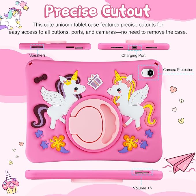 HianDier for iPad A16 Case 11th 2025 iPad 10th Generation Case for Kids Cute Unicorn Silicone Tablet Cover with Detachable Strap and Rotatable Stand Shockproof Cover for iPad 11inch 10.9inch-Rose Pink
