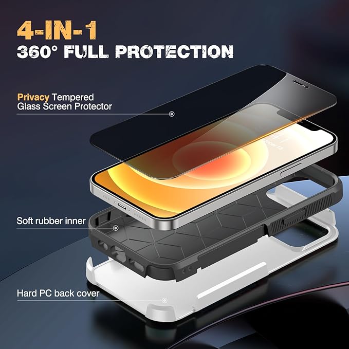 Diaclara Designed for iPhone 12 Case/iPhone 12 Pro Case, [with Privacy Screen Protector] [Anti Spy] [Military Grade Drop Protection] Heavy Duty Full-Body Shockproof Phone Case, White