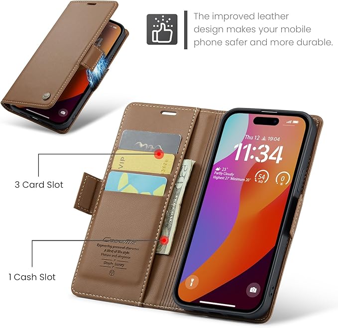 for iPhone 15 Pro Case, Premium PU Leather Wallet Case Flip Cover with [RFID Blocking][Card Holder][Stand Function] Shockproof Protective for iPhone 15 Pro, Brown