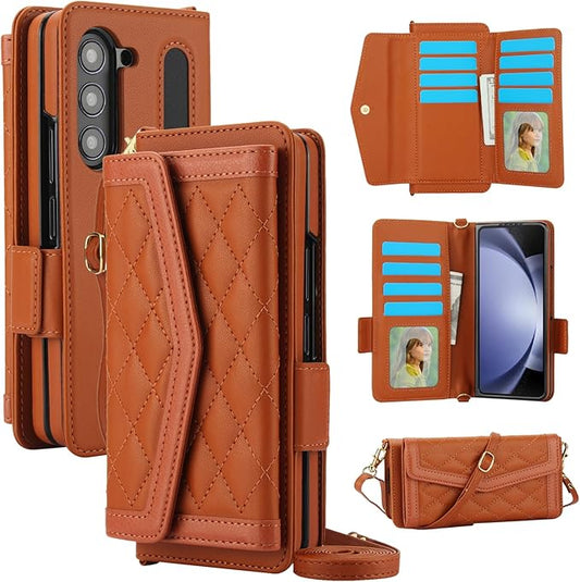 for Samsung Galaxy Z Fold 7 Wallet Case - Stitching Pattern RFID Blocking Card Holder, S Pen Slot Crossbody Strap, Full Body Protection Flip Cover for Women Brown
