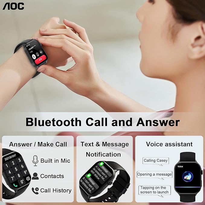 AOC Smartwatch Fitness Sports Watch E09, AI GPT Bluetooth Call, Voice Assistant‌, AMOLED 1.96 Touchscreen, Heart Rate & Sleep Monitor‌ing, IP67 Waterproof Sports Modes Smart Watch, Black