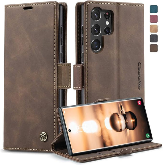 for Samsung Galaxy S23 Ultra 5G Case, Flip Wallet Leather Case with Card Holder Magnetic Closure Shockproof Kickstand Protective Phone Cases Cover for Galaxy S23 Ultra 5G 6.8 Inch,Coffee