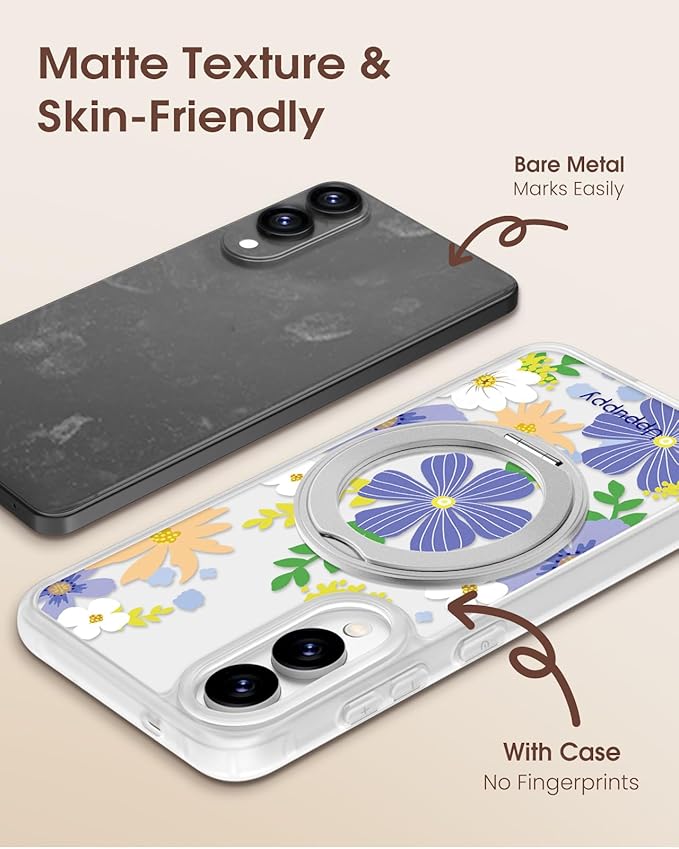 for Samsung Galaxy S25 Edge Case with 360° Rotatable Magnetic Ring - Compatible with MagSafe, Semi-Transparent Soft-Touch Material Shockproof, Cute Purple Flower Design for Women Girl