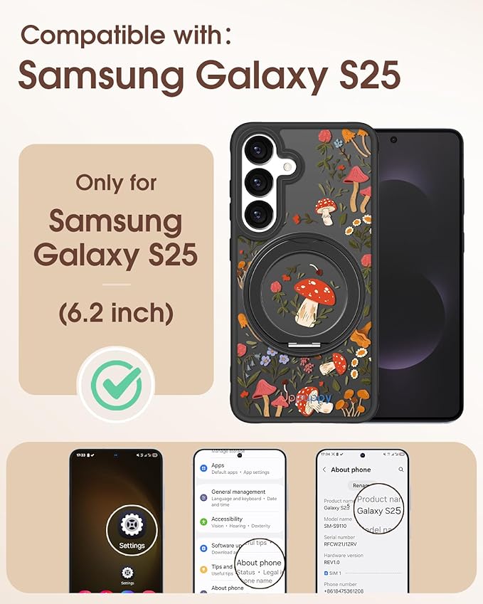 for Samsung Galaxy S25 Case with 360° Rotatable Magnetic Ring - Compatible with MagSafe, Semi-Transparent Anti-Fingerprint Soft-Touch Material Shockproof, Cute Mushroom Design for Women Girl
