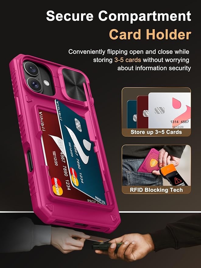 Vihibii for iPhone 16 Plus Case Wallet with Card Holder (4 Cards) [RFID Blocking] & Slide Camera Cover & Raised Edges Protect Screen, Shockproof Rugged Phone Case for iPhone 16 Plus 6.7", Pink