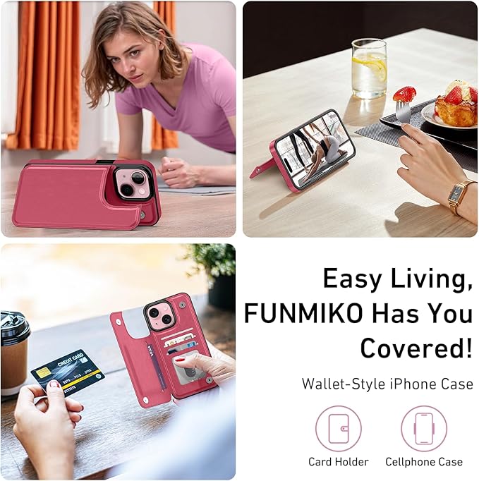 FUNMIKO for iPhone 14 Plus Wallet Case with Card Holder, RFID-Blocking, Military-Grade Protection & UV-Printed Artwork, Magnetic Closure with Leather Kickstand - Hot Pink