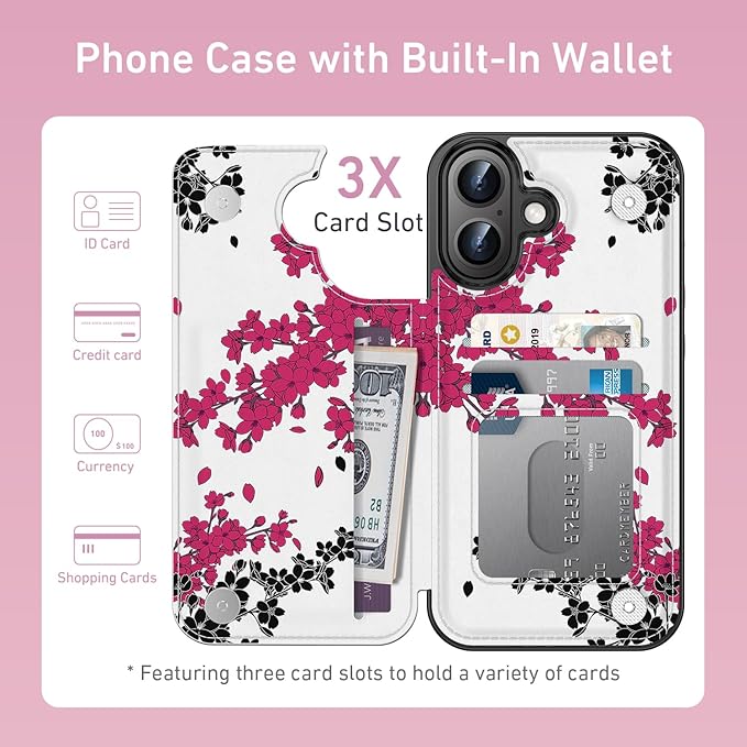 FUNMIKO for iPhone 16 Wallet Case with Card Holder, RFID-Blocking, Military-Grade Protection & UV-Printed Artwork, Magnetic Closure with Leather Kickstand - Dramatic Blossom Drift