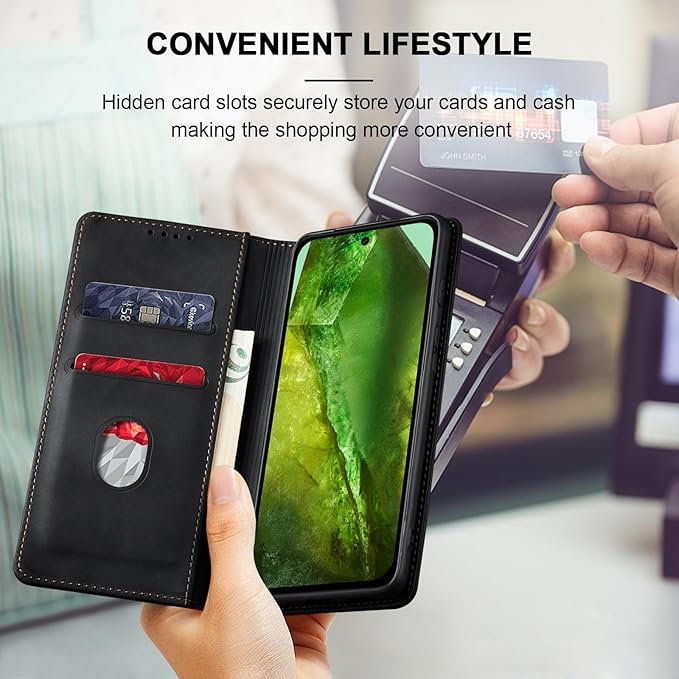 Jasonyu Flip Wallet Case for Google Pixel 8A,Leather Magnetic Folio Cover with Card Holder,Kickstand - TPU Shockproof Durable Protective Phone Case,Black