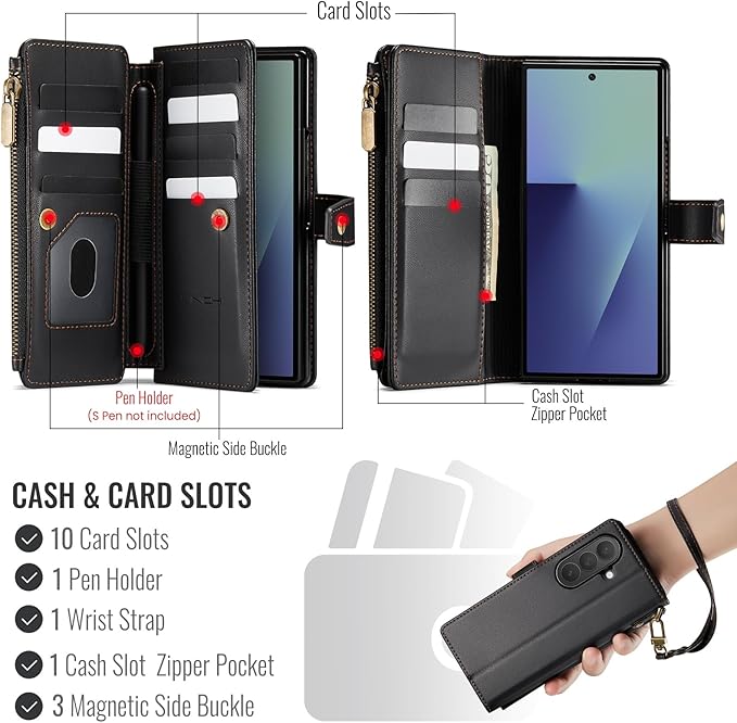 Vinich for Samsung Galaxy Z Fold 7 Wallet Case with Card Holder, Detachable Strap RFID Blocking Credit Slots Kickstand Shockproof Phone Cover for Women Men, Black