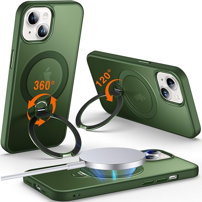 360° O-Ring MagStander for iPhone 13 Case, iPhone 14 Case with Magnetic Stand Ring Holder [Compatible with MagSafe][15FT Military Shockproof] Kickstand iPhone 13/14 Phone Cover Matte Green