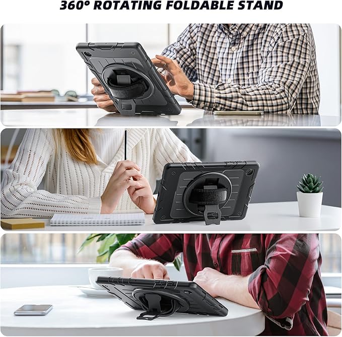 for Samsung Galaxy Tablet A8 Case 10.5 inch 2022 SM-X200/X205/X207 with Screen Protector [360 Rotating Stand] &Hand Shoulder Strap Shockproof Rugged Protective Cover|Black