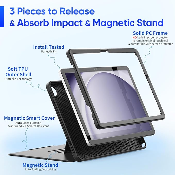 SEYMAC stock Case for Samsung Galaxy Tab A9+ Plus 11'', Auto Sleep/Wake Case with Magnetic Multi-Angles Stand, Card Slot for Galaxy Tab A9+/ A9 Plus 11'' SM-X210/X216/X218, (Black)