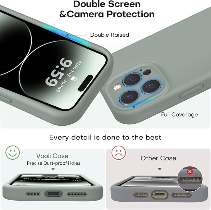 Vooii Compatible with iPhone 14 Pro Case, Liquid Silicone Upgrade [Camera Protection] [Soft Anti-Scratch Microfiber Lining] Shockproof Phone Case for iPhone 14 Pro 6.1 inch - Calke Green
