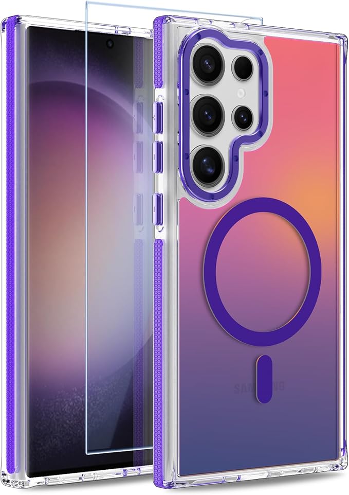 MOWIME Magnetic Case for Samsung Galaxy S23 Ultra [Compatible with Magsafe] [Cute Fashion Fluorescent Design] [1 Screen Protector] Slim Translucent Matte Case for Galaxy S23 Ultra 6.8", Purple