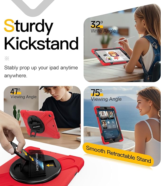 BRAECN for iPad 9th Generation Case, iPad 10.2 Case with Built in Screen Protector, Hand Strap, Swiveling Stand, Shoulder Straps, Heavy Duty Rugged Case for iPad 8th/7th Gen 10.2 Inch-Red