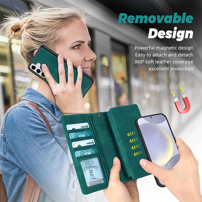 TwoHead for Samsung Galaxy S24 Plus Wallet Case with Card Holder,Detachable Magnetic Phone Case for Galaxy S24 Plus,PU Leather All-Round Protective Phone Cover Wallet with Strap(6.6 in,Green)