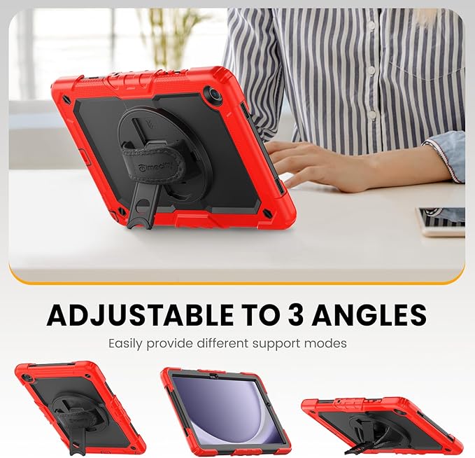 Timecity Case for Samsung Galaxy Tab A9 Plus 11'' 2024 (SM-X210/X216/X218), Full-Body Shockproof Protection Case with Screen Protector, 360° Rotating Stand, Hand Strap Case for A9 Plus Tablet- Red