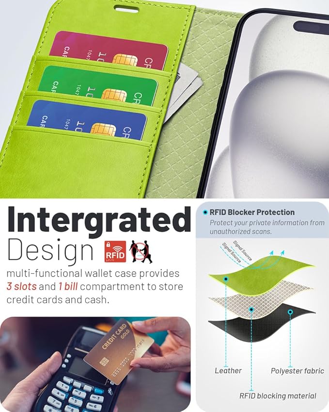 OCASE Compatible with iPhone 16 Wallet Case, PU Leather Flip Folio Case with Card Holders RFID Blocking Kickstand [Shockproof TPU Inner Shell] Phone Cover 6.1 Inch 2024, Green Avocado