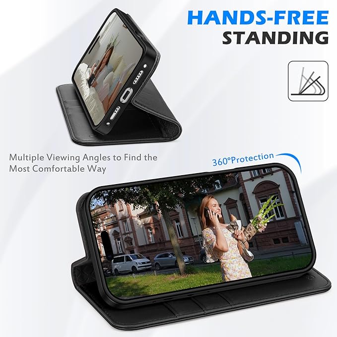SHIELDON Genuine Leather Wallet Case for iPhone 17 6.3-inch 5G 2025 | Flip Magnetic Cover | Kickstand | RFID Blocking | 3 Credit Card Holder | Shockproof | Soft Inner Phone Case | Black