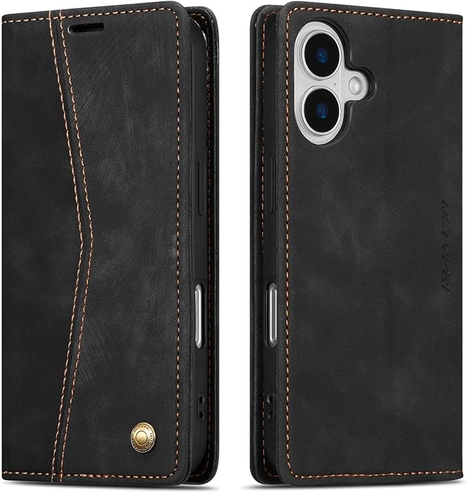 QLTYPRI for iPhone 16 Case Wallet with Card Holder, Vintage PU Leather Kickstand Magnetic Closure Shockproof Folio Book Cover Case for iPhone 16 - Retro Black