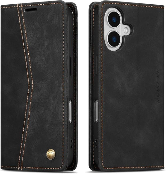 QLTYPRI for iPhone 16 Case Wallet with Card Holder, Vintage PU Leather Kickstand Magnetic Closure Shockproof Folio Book Cover Case for iPhone 16 - Retro Black